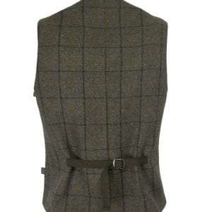 TWEED DRESS GILET navy stripe jpg 1 300x300 1 Internal Lining is 100% Polyester. Outer jacket is made from 60% Wool, 25% Polyester 11% Acrylic and 4% composed of other fibres, making this jacket top quality fabric. Other features include two front welt pockets, 5 button closure, Cotton moleskin trimming around the pockets, and back 'cinch' adjuster