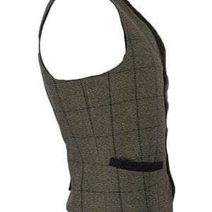 TWEED DRESS GILET navy stripe1 300x300 1 Internal Lining is 100% Polyester. Outer jacket is made from 60% Wool, 25% Polyester 11% Acrylic and 4% composed of other fibres, making this jacket top quality fabric. Other features include two front welt pockets, 5 button closure, Cotton moleskin trimming around the pockets, and back 'cinch' adjuster