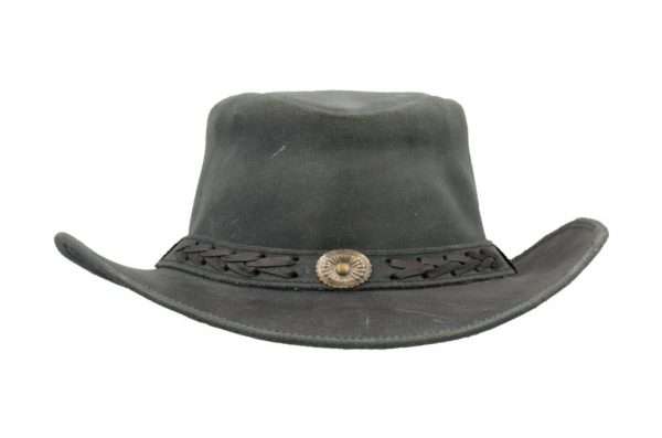 black antique front Whenever your headed outdoors, our classic Cowhide Antique Hat is your trusted, everyday headwear. Our hat is crafted of naturally water resistant full grain cowhide leather, trimmed with a Leather strap band with laces and and brass conchos which adds a fine finish to your leisure wardrobe. Crafted with a wide brim to protect from the summer shade, a chin cord to tighten in windy weather, our outback hat is practical and stylish for outdoor pursuits. Other features include steel shapeable wire in brim, UPF 50+, printed Branded Walker and Hawkes logo on the inside crown and water resistant coating. Crown Height - Approx. 3.5 inchs (9cm) Brim Length - Approx. 2.5 inchs (6.5cm) Water Resistant Coating - to maintain this resistance, please condition with our leather waterproofing treatment from time to time. Produced to the highest standards by a manufacturer of top quality countrywear and derby clothing.