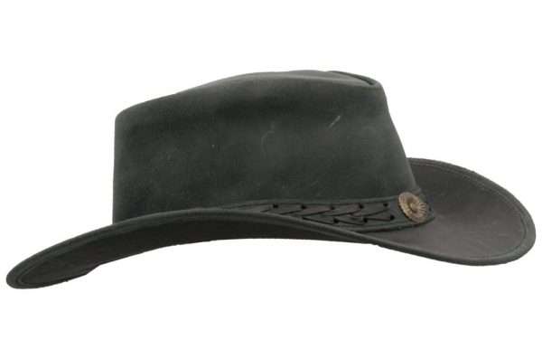 black antique main Whenever your headed outdoors, our classic Cowhide Antique Hat is your trusted, everyday headwear. Our hat is crafted of naturally water resistant full grain cowhide leather, trimmed with a Leather strap band with laces and and brass conchos which adds a fine finish to your leisure wardrobe. Crafted with a wide brim to protect from the summer shade, a chin cord to tighten in windy weather, our outback hat is practical and stylish for outdoor pursuits. Other features include steel shapeable wire in brim, UPF 50+, printed Branded Walker and Hawkes logo on the inside crown and water resistant coating. Crown Height - Approx. 3.5 inchs (9cm) Brim Length - Approx. 2.5 inchs (6.5cm) Water Resistant Coating - to maintain this resistance, please condition with our leather waterproofing treatment from time to time. Produced to the highest standards by a manufacturer of top quality countrywear and derby clothing.