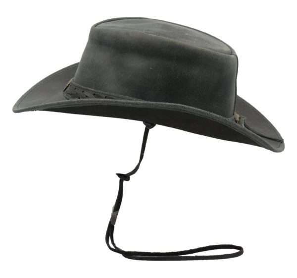 black antique side Whenever your headed outdoors, our classic Cowhide Antique Hat is your trusted, everyday headwear. Our hat is crafted of naturally water resistant full grain cowhide leather, trimmed with a Leather strap band with laces and and brass conchos which adds a fine finish to your leisure wardrobe. Crafted with a wide brim to protect from the summer shade, a chin cord to tighten in windy weather, our outback hat is practical and stylish for outdoor pursuits. Other features include steel shapeable wire in brim, UPF 50+, printed Branded Walker and Hawkes logo on the inside crown and water resistant coating. Crown Height - Approx. 3.5 inchs (9cm) Brim Length - Approx. 2.5 inchs (6.5cm) Water Resistant Coating - to maintain this resistance, please condition with our leather waterproofing treatment from time to time. Produced to the highest standards by a manufacturer of top quality countrywear and derby clothing.
