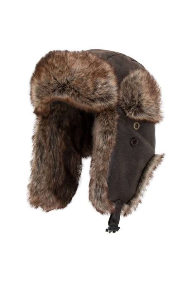 brown aviator 2 scaled 1 Walker and Hawkes Faux Waterproof Trapper Hat with Faux lining provides great warmth for your head, ears, cheeks and neck. Excellent Winter Accessory to wear for outside or for winter activities - Skiing, Snowboarding, Camping, Hiking, hunting, shooting or Winter trip or Walking dogs in Winter Mornings. Ear flaps can be tied over the head when the weather is milder. Featuring waterproof Faux Leather Coating on the 100% viscose fabric with quality soft quilted lining. A snuggly faux fur trim, adjustable fastening the ear flaps can be folded up and securely snapped, or released down as chin strap to warm face, ears and neck comfortably, finished with PU leather.