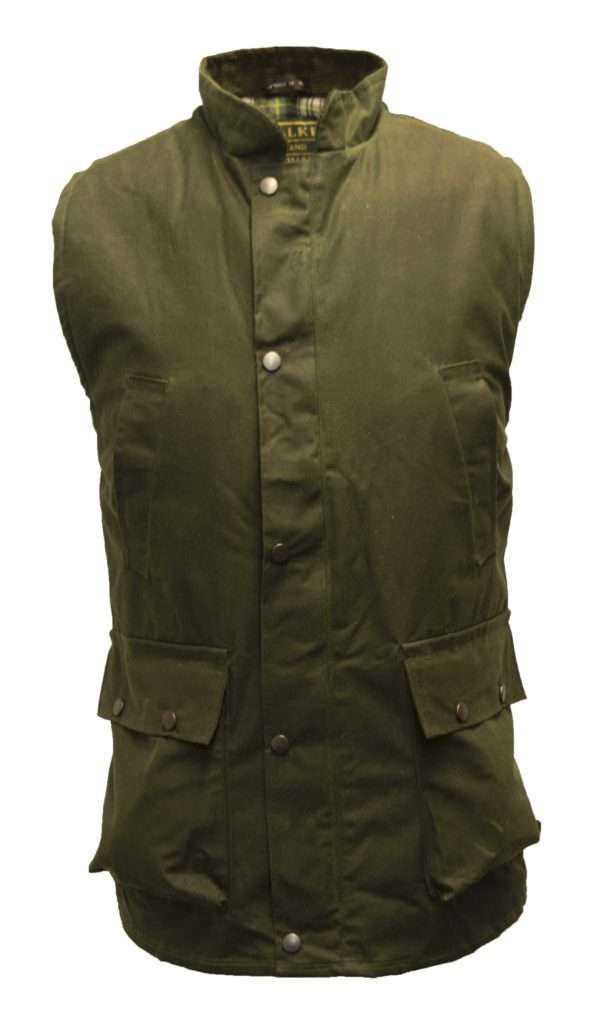 olive f close Internal Lining is 100% Cotton checked. Outer jacket (shell) is made from heavy-weight 100% waxed cotton making this waistcoat waterproof and windproof. Other features include 2 hand warmer pockets, 2 front bellow pockets, 2-way heavy duty zip with studded flap enclosure, corduroy collar, 1 inside pocket, and 1--% nylon lining trim. Produced to the highest standards by a manufacturer of top quality countrywear and derby clothing. Please check our size guide against your waistcoat you would like to purchase.