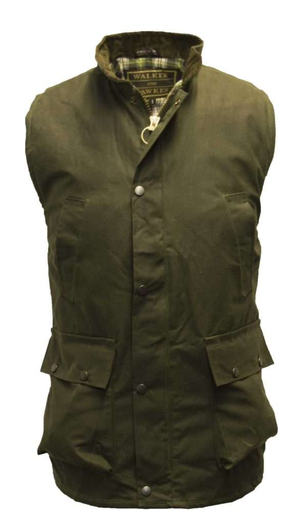 olive front Internal Lining is 100% Cotton checked. Outer jacket (shell) is made from heavy-weight 100% waxed cotton making this waistcoat waterproof and windproof. Other features include 2 hand warmer pockets, 2 front bellow pockets, 2-way heavy duty zip with studded flap enclosure, corduroy collar, 1 inside pocket, and 1--% nylon lining trim. Produced to the highest standards by a manufacturer of top quality countrywear and derby clothing. Please check our size guide against your waistcoat you would like to purchase.