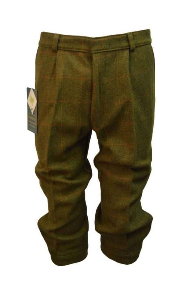 tweed breeks dark co Internal linning is 100% Cotton, for extra warmth and comfort. Outer shell is made from 60% Wool, 25% Polyester, 11% Acrylic and 4% composed of other fibres, making this product of top quality fabric. Other features of this classic cut tweed breek are 2 side pockets, 1 back pocket with buttoned flap enclosure, strong brass front zip, velcro adjustable calf straps, dropped belt loops and elasticated grip waistband The tweed has been treated with Teflon which acts as a fabric protector, making this product long-lasting protection against oil- and water-based stains, dust and dry soil. Produced to the highest standards by a manufacturer of top quality countrywear and derby clothing.