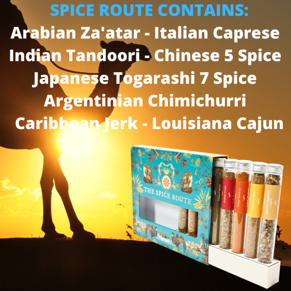 Spice Route contains Spice Route lets your taste-buds travel - a Spice selection from around the world in beautiful slide out tray with its own spice rack, making it an unique gourmet gift for anyone who enjoys creating exotic dishes. <strong>100% NATURAL GOODNESS</strong> No artificial flavourings and colourants. No added MSG or preservatives. Non-irradiated and non-GMO. <strong>Suitable for Vegans and Vegetarians.</strong> Delivery and packaging included in price to the UK.