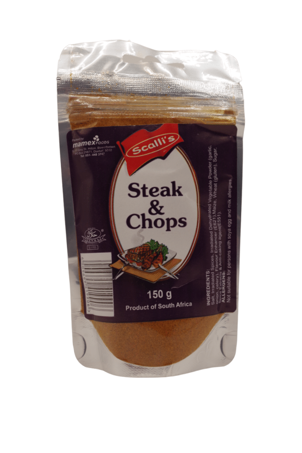 Steak and Chops 150g Scallis <b><u>Description: </u></b> <ul> <li>Steak and Chops Spice is a superb blend of zesty herbs and spices specially selected to enhance the flavour of steaks and chops.</li> <li>Also use with vegetables, salads, gravies, pasta bakes and poultry. Add generously before or during cooking.</li> </ul>