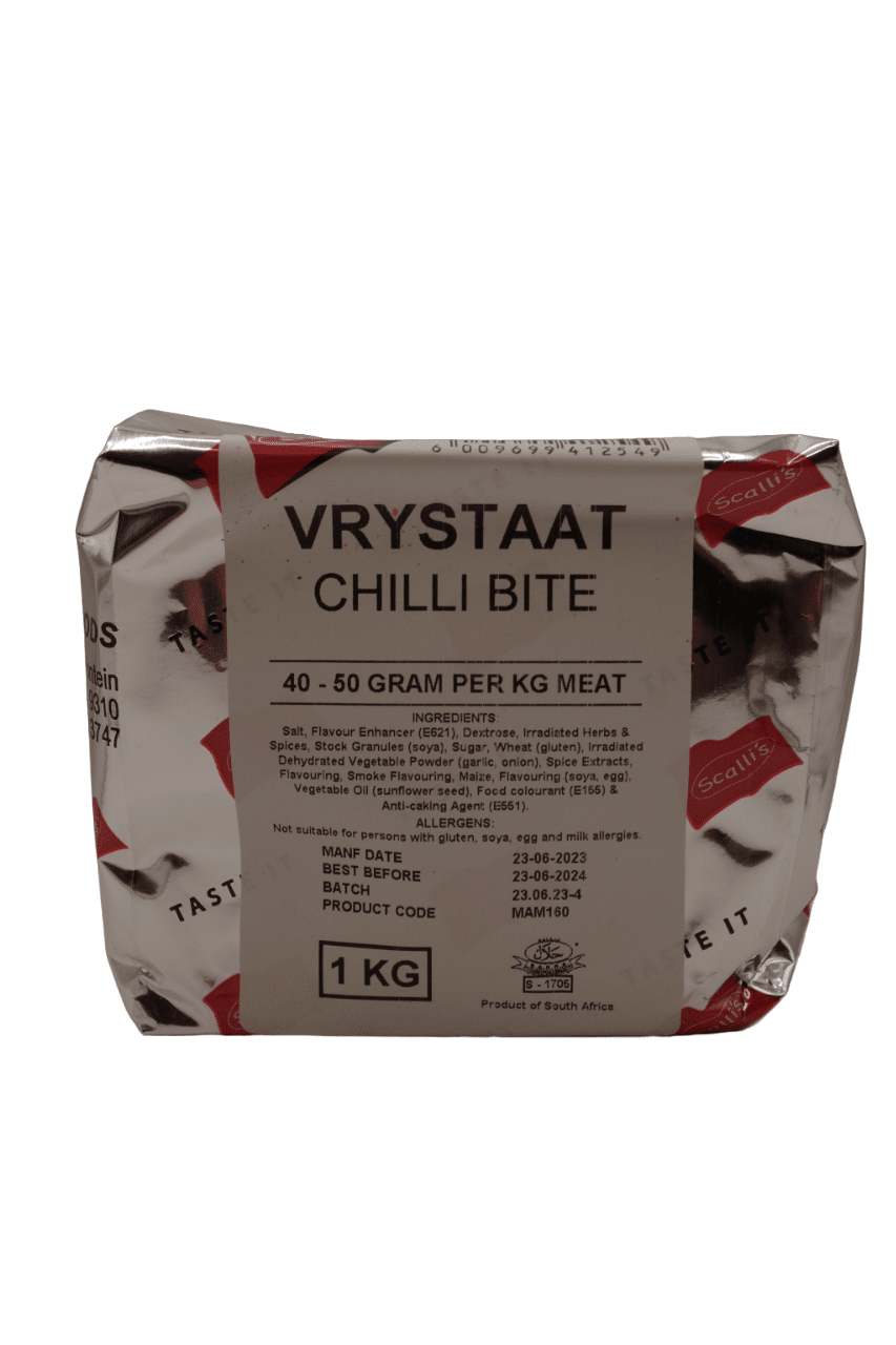Vrystaat Chilli Bite Spice 1kg Scallis 1 <span style="text-decoration: underline"><strong>Description:</strong></span> This hot chilli bite seasoning is fantastic for creating Chilli Biltong, Chilli Bites and Chilli sticks and even Chilli dry wors.  What makes this spice unique is the Scalli's Worcester Sauce Braai mix already added for extra flavour and some smoke liquid to give your product a really nice taste. <u><strong>How to use:</strong></u> 40 - 50 gram of spices per 1 kilogram meat &nbsp;