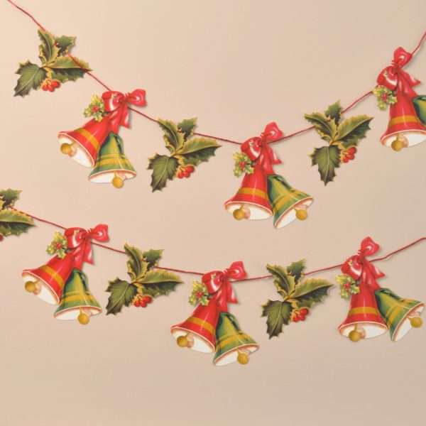 Garland Holly and Bells R53 If you're looking to add that special something to your festive celebrations, Mamelok garlands create a sense of the traditional Victorian Christmas. This beautiful garland features ten repeated motifs of holly and bells. (five of each design) Manufactured and hand finished with love in the United Kingdom, our garlands are all printed on high-quality card before being diecut and embossed to highlight the nuances of the image. Each garland comes strung and ready to hang along your mantelpiece, feature wall or staircase and measures approximately 3m x 170mm. Free postage and packing.