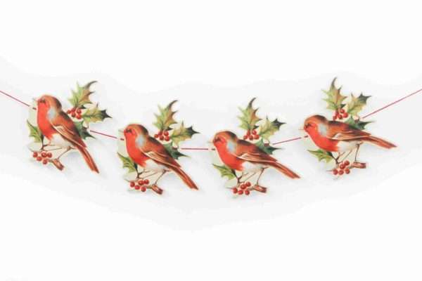 Mamelok R23 Robin Garland close up scaled If you're looking to add that special something to your festive celebrations, Mamelok garlands create a sense of the traditional Victorian Christmas. This beautiful garland features ten repeated motifs of a robin with holly. Manufactured and hand finished with love in the United Kingdom, our garlands are all printed on high-quality card before being diecut and embossed to highlight the nuances of the image. Each garland comes strung and ready to hang along your mantelpiece, feature wall or staircase and measures approximately 3m x 175mm. Free postage and packing.