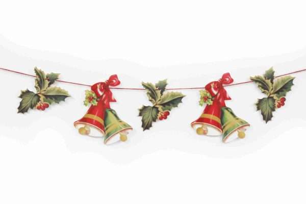 Mamelok R53 Holly And Bell Garland close up scaled If you're looking to add that special something to your festive celebrations, Mamelok garlands create a sense of the traditional Victorian Christmas. This beautiful garland features ten repeated motifs of holly and bells. (five of each design) Manufactured and hand finished with love in the United Kingdom, our garlands are all printed on high-quality card before being diecut and embossed to highlight the nuances of the image. Each garland comes strung and ready to hang along your mantelpiece, feature wall or staircase and measures approximately 3m x 170mm. Free postage and packing.