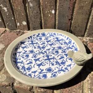 AGED LOOK BLUE AND WHITE CERAMIC BIRD BATH