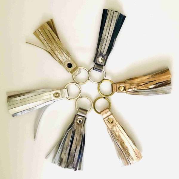 Handmade Metallic Leather Tassel Keyring Silver | Rose Gold | Pewter / Grey | Black | Beige | Copper Womens Keyring | Bag Charm - Image 2