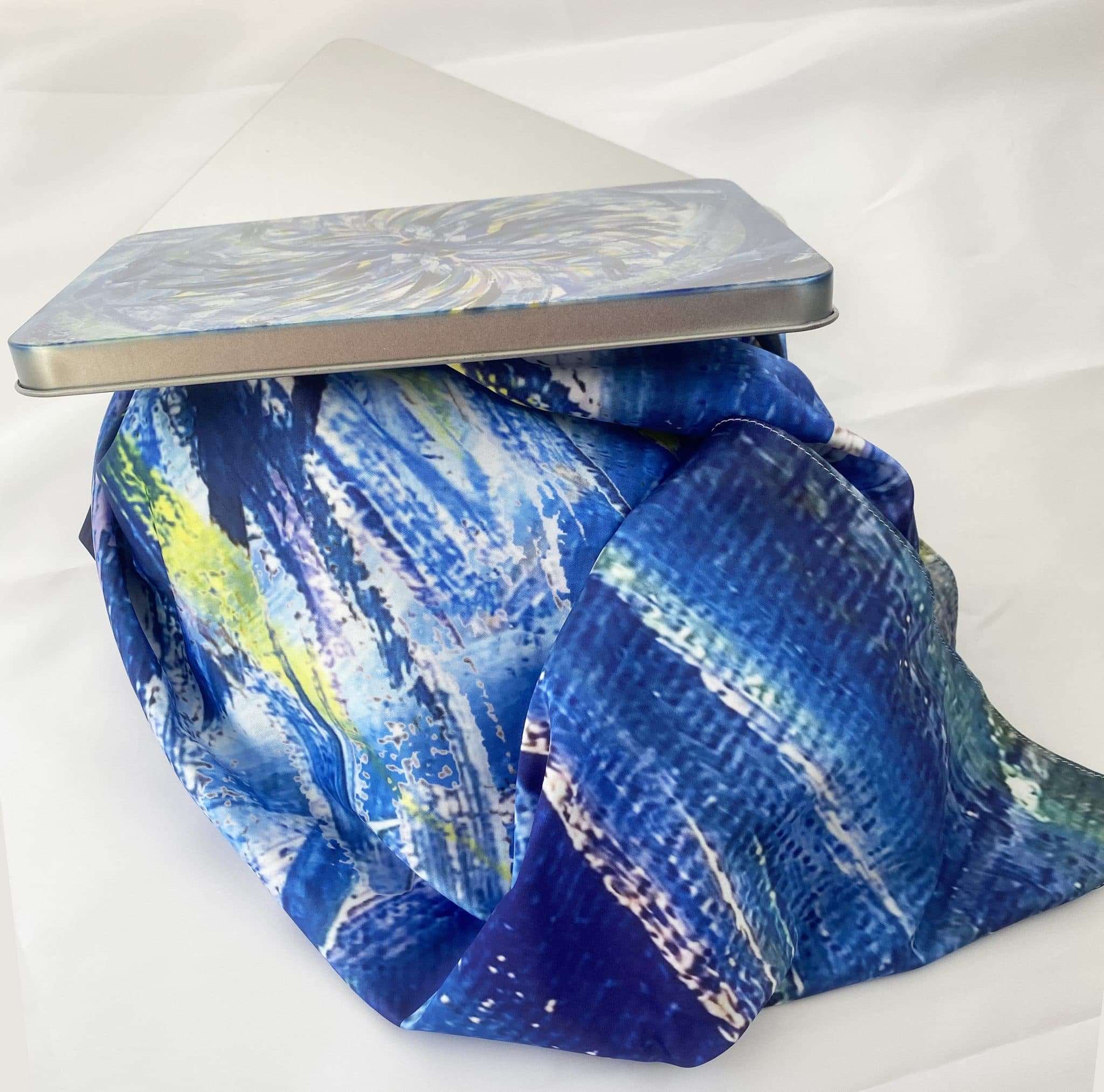Beautiful Art Scarf in a presentation tin, Whirlpool Swirl Scarf, silky scarf, large square scarf, Gift scarf, bespoke scarf, luxury scarf, ladies scarf gift - Image 5