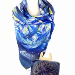 Beautiful Art Scarf in a presentation tin, Whirlpool Swirl Scarf, silky scarf, large square scarf, Gift scarf, bespoke scarf, luxury scarf, ladies scarf gift