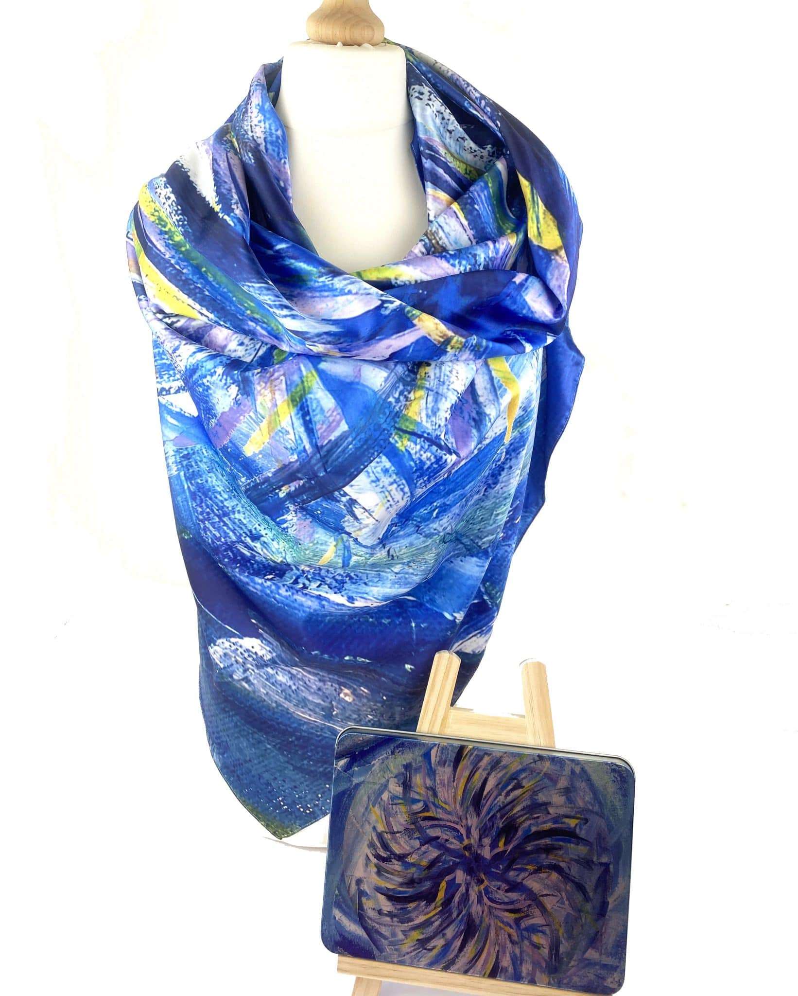 Beautiful Art Scarf in a presentation tin, Whirlpool Swirl Scarf, silky scarf, large square scarf, Gift scarf, bespoke scarf, luxury scarf, ladies scarf gift
