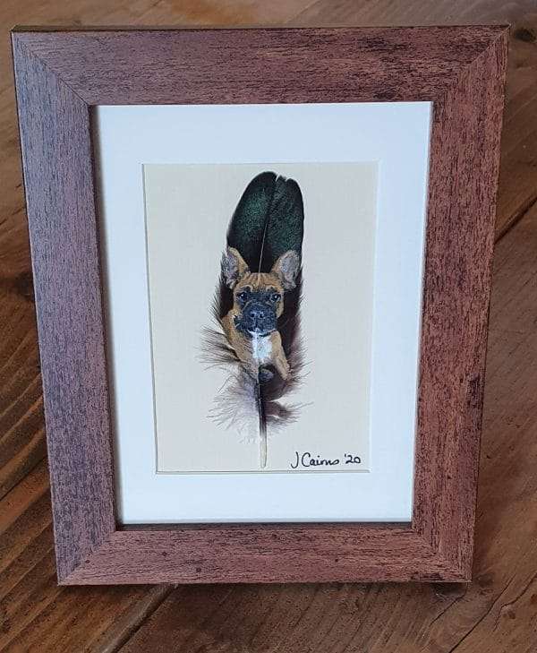 20200720 150429 FRENCH BULLDOG PUPPY HAND PAINTED IN ACRYLICS ON A MALLARD DUCK FEATHER MOUNTED IN A 5X7 INCH FRAME