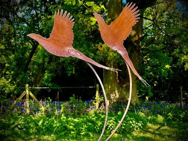 Exterior Rustic Metal Pair Of Pheasant Pheasants Bird Garden Stake Yard Art  Flower Bed Vegetable Patch Scuplture  Gift
