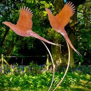 Large Exterior Rustic Metal Pair Of Pheasant Pheasants Bird Garden Stake Yard Art  Flower Bed Vegetable Patch Cottage Sculpture