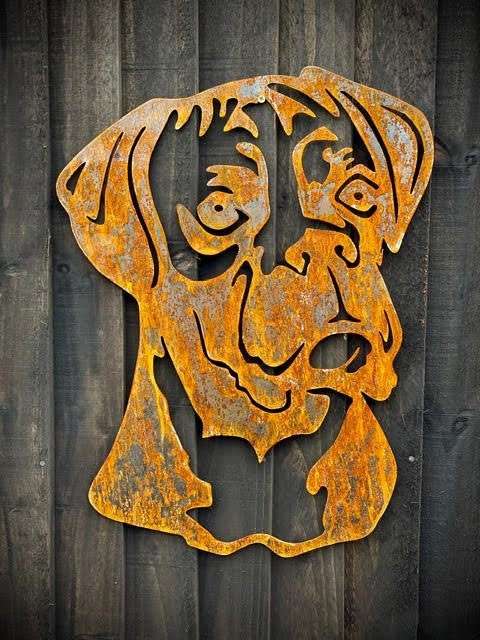 WELCOME TO THE RUSTIC GARDEN ART SHOPâ€¦â€¦ Here we have one of our. Large Exterior Boxer Dog Garden Wall House Gate Sign Hanging Metal Art Sizes & Measurements:
50cm x38cm These are made from 3mm mild steel sheet.