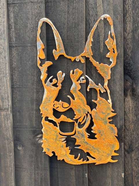 WELCOME TO THE RUSTIC GARDEN ART SHOP Here we have one of our. Small Exterior German Sheperd Alsatian Dog Garden Wall House Gate Sign Hanging Rusty Rustic Metal Art Sizes & Measurements: 30cm x 16cm Made From 2mm Mild Steel.