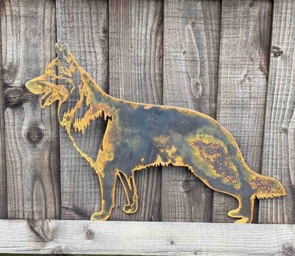 il fullxfull.2291497678 6wyt scaled WELCOME TO THE RUSTIC GARDEN ART SHOP Here we have one of our. Small Exterior German Sheperd Alsatian Guard Dog Garden Wall House Gate Sign Hanging Rustic Rusty Metal Art Sizes & Measurements: 50cm x 30cm Made From 2mm Mild Steel.
