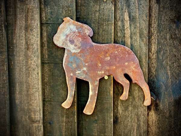 WELCOME TO THE RUSTIC GARDEN ART SHOPâ€¦â€¦ Here we have one of our. Large Exterior Rustic Rusty Staffordshire Bull Terrier Staffy Dog Garden Wall Hanger House Gate Sign Hanging Metal Art Sculpture Sizes & Measurements:
45cm x 45cm Made From 2mm Mild Steel.