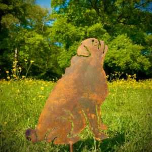 Small Exterior Rustic Rusty Metal Pug Dog Garden Stake Yard Art  Flower Bed Rockery Shed Sculpture  Gift   Present