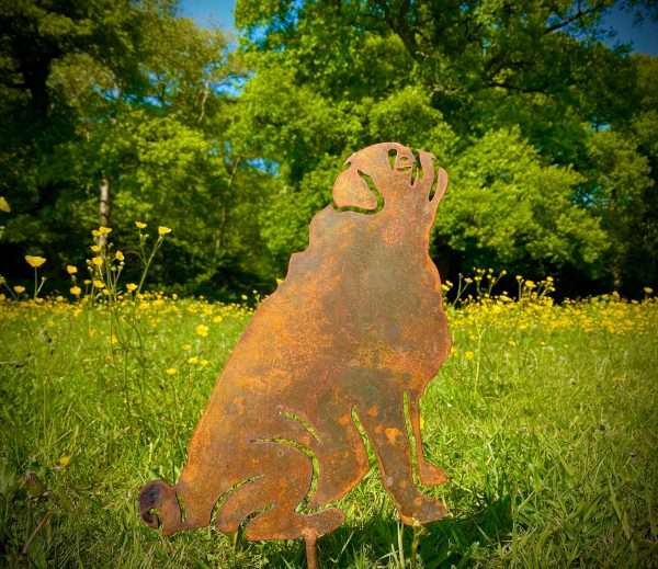 Small Exterior Rustic Rusty Metal Pug Dog Garden Stake Yard Art  Flower Bed Rockery Shed Sculpture  Gift   Present