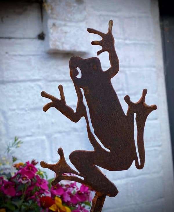 WELCOME TO THE RUSTIC GARDEN ART SHOP Here we have one of our. Small Exterior Rustic Rusty Metal Little Frog Leaping Garden Stake Yard Art Sculpture Gift Sizes & Measurements:
9cm x 13cm These are made from 2mm mild steel sheet.