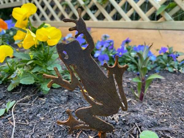 WELCOME TO THE RUSTIC GARDEN ART SHOP Here we have one of our. Small Exterior Rustic Rusty Metal Little Frog Leaping Garden Stake Yard Art Sculpture Gift Sizes & Measurements:
9cm x 13cm These are made from 2mm mild steel sheet.