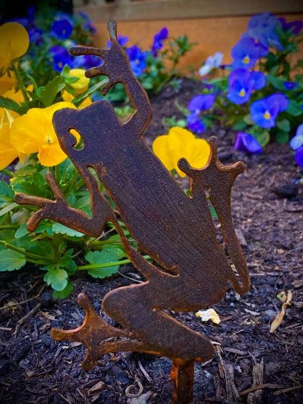 WELCOME TO THE RUSTIC GARDEN ART SHOP Here we have one of our. Small Exterior Rustic Rusty Metal Little Frog Leaping Garden Stake Yard Art Sculpture Gift Sizes & Measurements:
9cm x 13cm These are made from 2mm mild steel sheet.