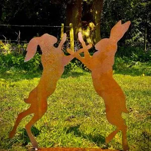 Exterior Rustic Metal Large Boxing Hares Garden Stake Yard Art  Flower Bed Centre Piece Vegetable Patch Sculpture Pair  Gift