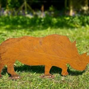 Small Exterior Rustic Metal Rhino Garden Stake Yard Art  Sculpture  Gift   Present