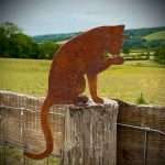 Exterior Rustic Rusty Metal Cat Washing Feline Garden Fence Topper Yard Art Gate Post  Sculpture  Gift   Present