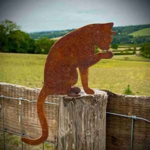 Large Exterior Rustic Rusty Metal Cat Washing Feline Garden Fence Topper Yard Art Gate Post  Sculpture  Gift   Present