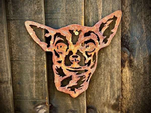 WELCOME TO THE RUSTIC GARDEN ART SHOP Here we have one of our. Medium Exterior Rustic Rusty Chihuahua Little Dog Head Garden Wall Hanger House Gate Sign Hanging Metal Art Sculpture Sizes & Measurements: 25cm x 27cm