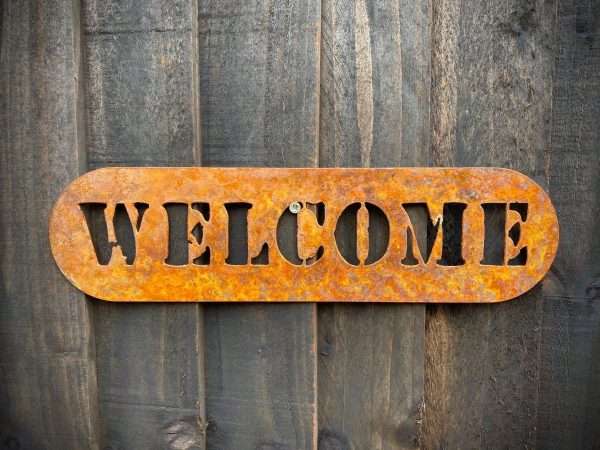 WELCOME TO THE RUSTIC GARDEN ART SHOP Here we have one of our. Medium Exterior Welcome Sign Garden Wall House Gate Sign Hanging Rustic Rusty Metal Art Sizes & Measurements: 50cm x 14cm Made From 2mm Mild Steel.