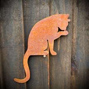 Large Exterior Cat Washing Feline Garden Wall House Gate Fence Shed Sign Hanging Metal Rustic Bird Bath Bird Feeder Art  Gift