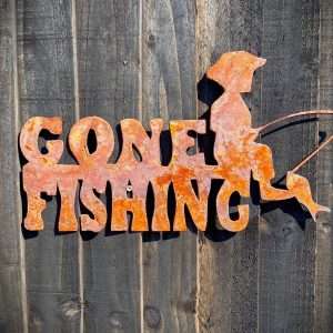 Medium Rustic Exterior Gone Fishing Fisherman Angler Shed Sign Garden Wall House Gate Sign Rusty Hanging Metal Art  Gift