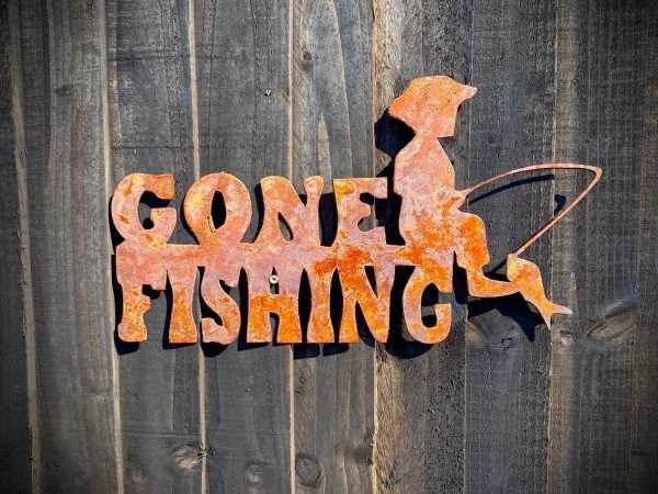 Medium Rustic Exterior Gone Fishing Fisherman Angler Shed Sign Garden Wall House Gate Sign Rusty Hanging Metal Art  Gift