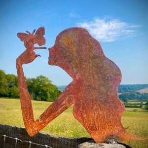 Small Exterior Rustic Rusty Metal Day Dream Fairy Pixie Girl Butterfly Garden Fence Topper Yard Art Gate Post  Sculpture  Gift