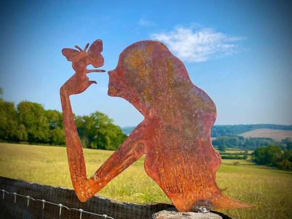 Small Exterior Rustic Rusty Metal Day Dream Fairy Pixie Girl Butterfly Garden Fence Topper Yard Art Gate Post  Sculpture  Gift