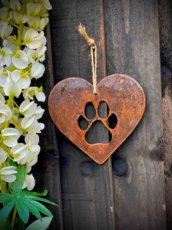 Rustic Rusty Metal Paw Print Love Heart Pet Dog Cat Memorial Gift Present