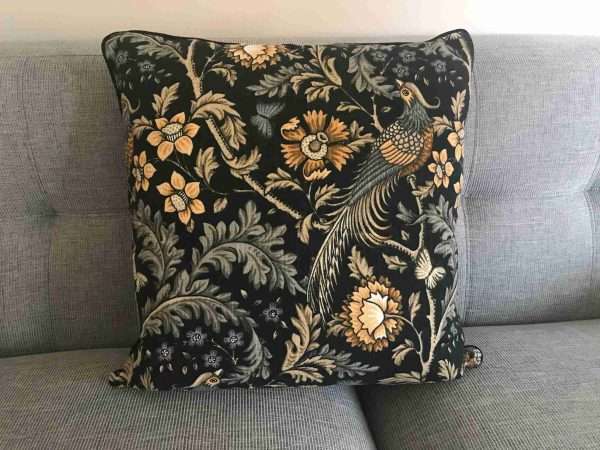 3d4c5f9a 34e9 4678 b8eb 85314510134c scaled Cushion hand made in a William Morris inspired Pheasant print fabric, backed in a luxury velvet finished with black piping.   <strong>Free Postage & Packaging</strong>