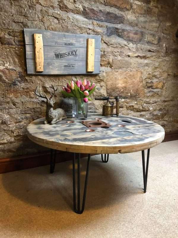 FB IMG 1645296598641 Handmade cable reel table with hairpin legs and a beeswax finish.