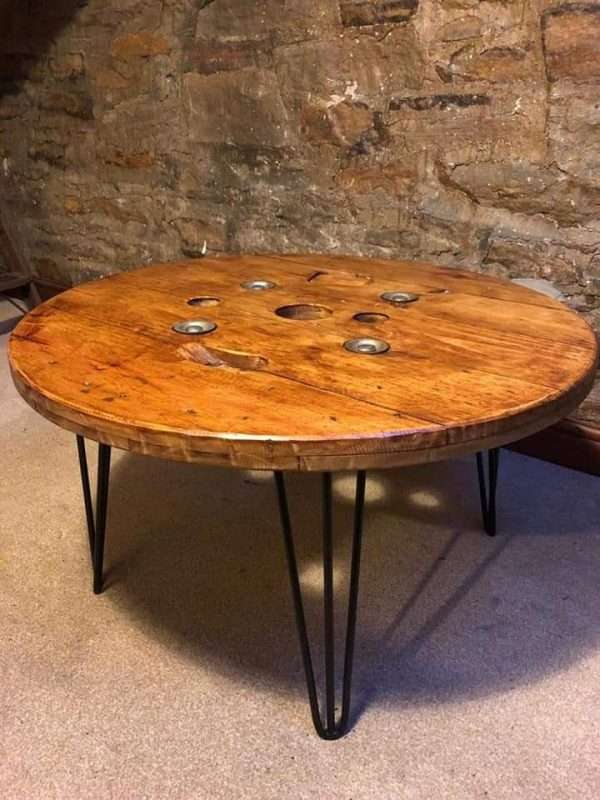 FB IMG 1645296807561 Handmade cable reel table with hairpin legs and a beeswax finish.