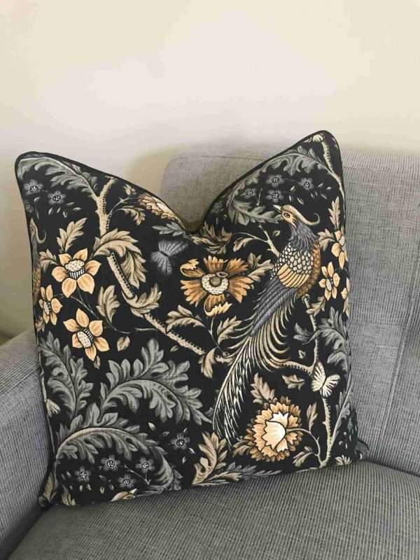 IMG 4214 scaled Cushion hand made in a William Morris inspired Pheasant print fabric, backed in a luxury velvet finished with black piping.   <strong>Free Postage & Packaging</strong>