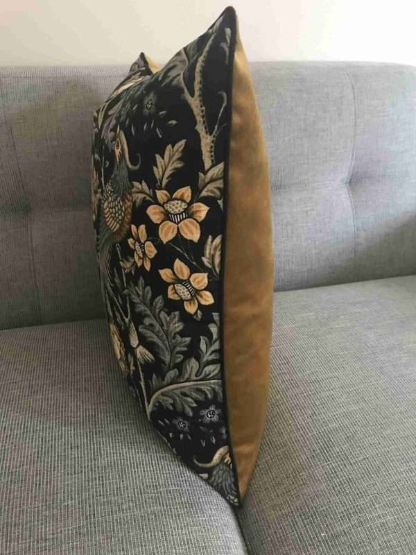 IMG 4218 scaled Cushion hand made in a William Morris inspired Pheasant print fabric, backed in a luxury velvet finished with black piping.   <strong>Free Postage & Packaging</strong>