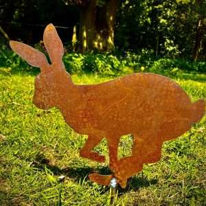 Exterior Rustic Metal Hare Rabbit Garden Stake Yard Art  / Flower Bed / Vegetable Patch Sculpture  Gift   Present